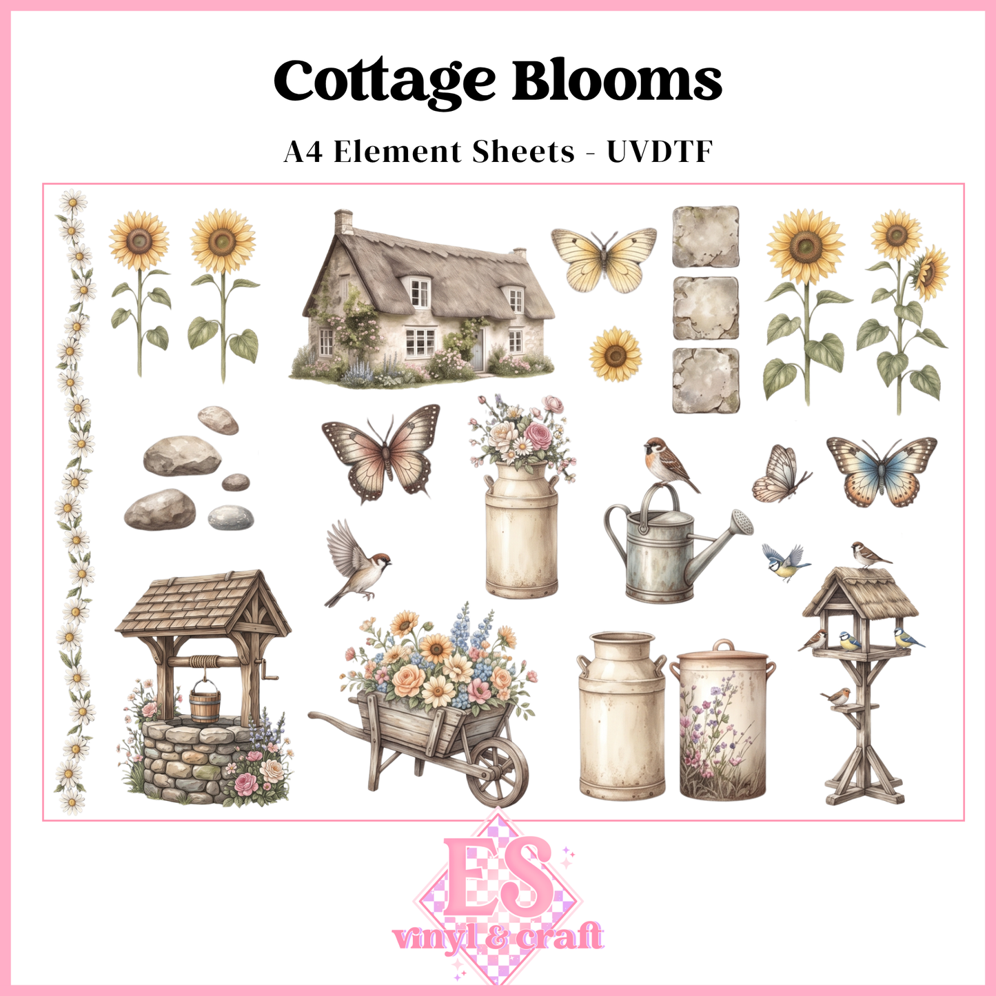 Cottage Blooms - UVDTF Element Sheet (A4 Sheet)