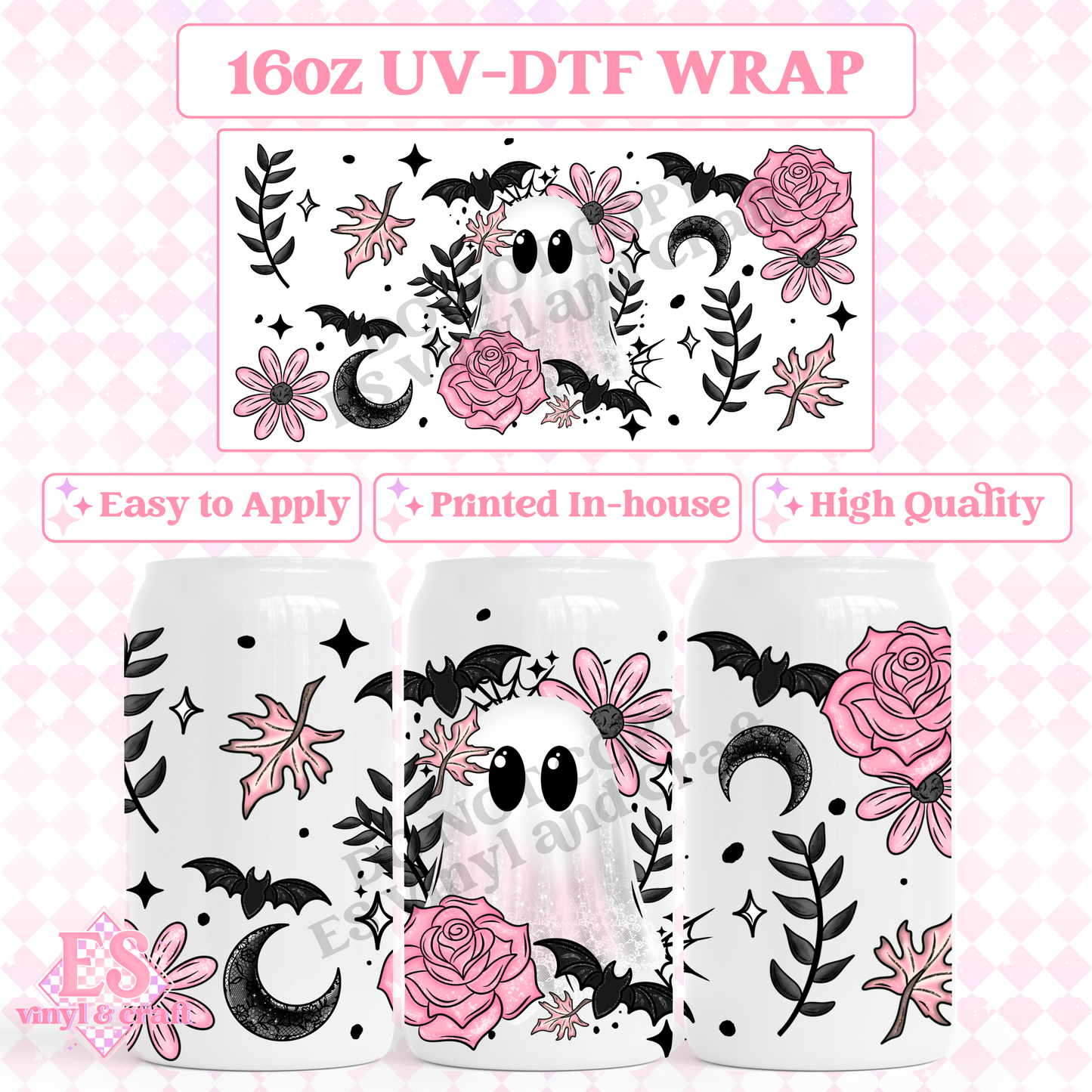 Pink Floral Ghost - 16oz Beer Can / Libbey UV-DTF Transfer image 0