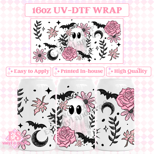 Pink Floral Ghost - 16oz Beer Can / Libbey UV-DTF Transfer image 0