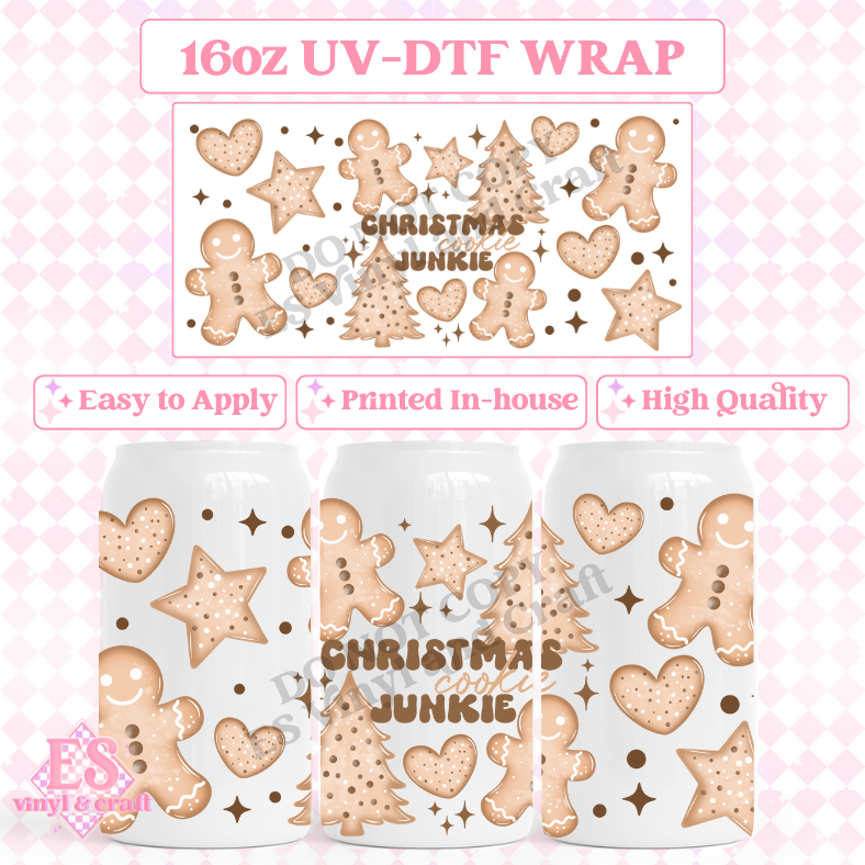 Christmas Cookie Junkie - 16oz Beer Can / Libbey UV-DTF image 0