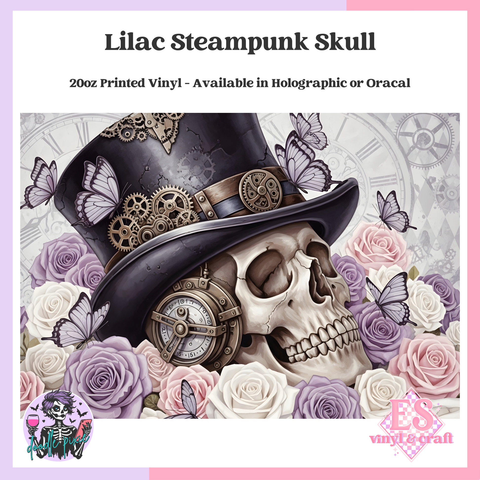 Lilac Steampunk Skull - 20oz Printed Tumbler Self Adhesive Vinyl image 0
