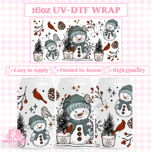Snowman and Birds - 16oz Beer Can / Libbey UV-DTF image 0
