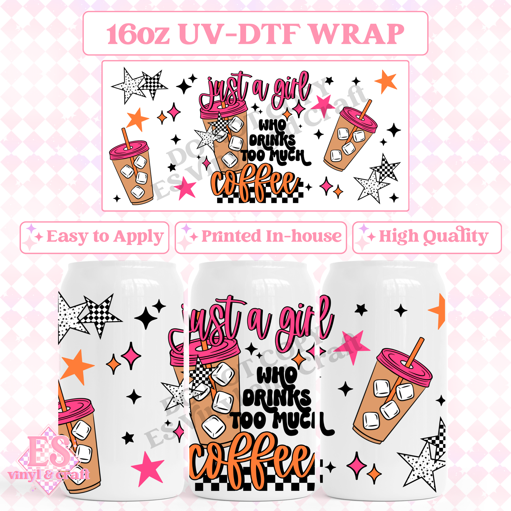 Too Much Coffee - 16oz Beer Can / Libbey UV-DTF image 0