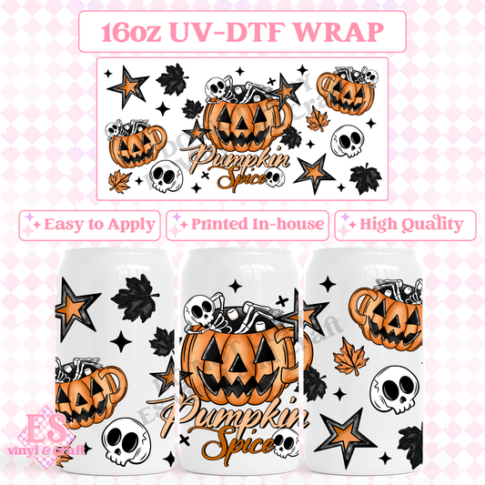 Pumpkin Spice Skeleton Mug - 16oz Beer Can / Libbey UV-DTF Transfer image 0
