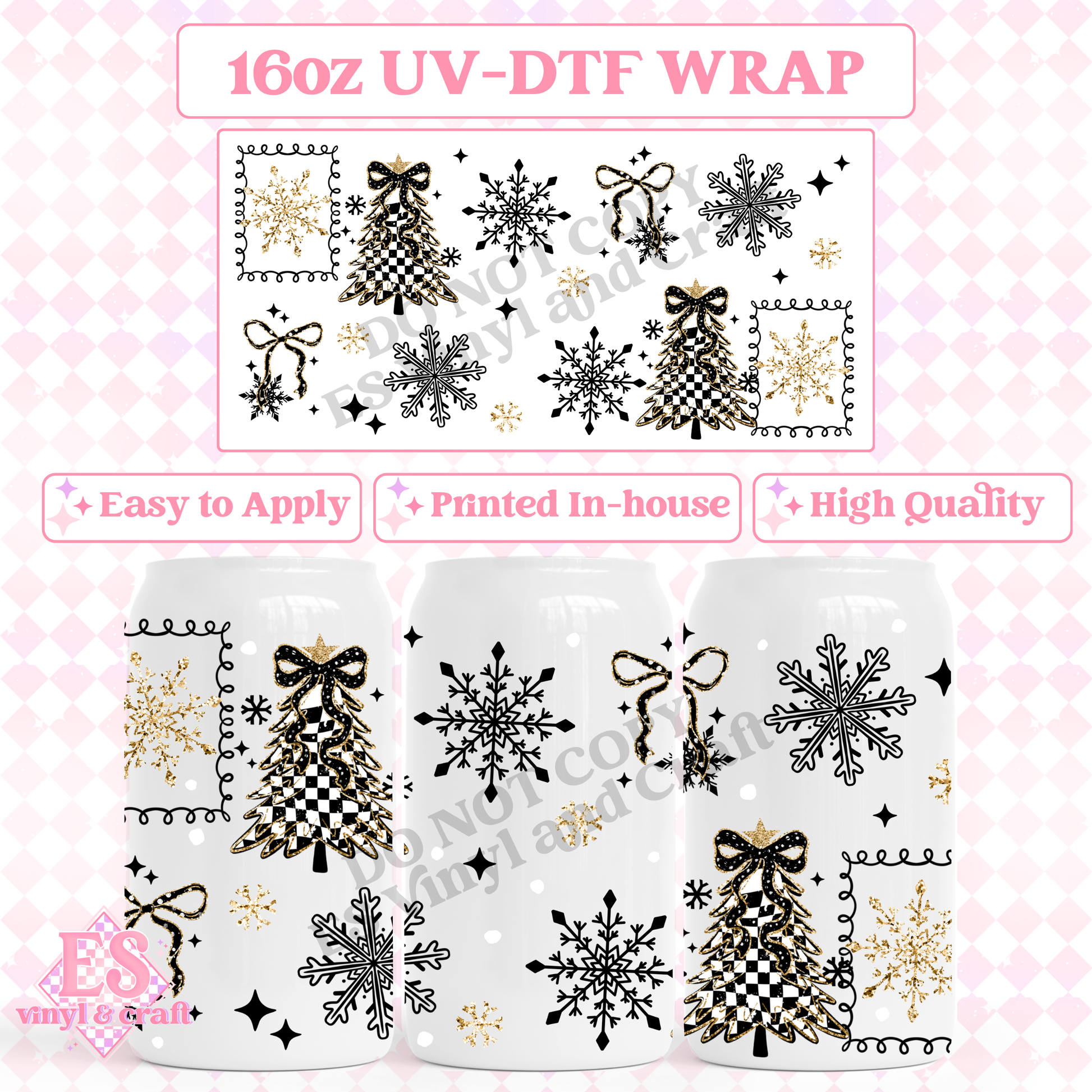 Checker Trees and Bows - 16oz Beer Can / Libbey UV-DTF image 0