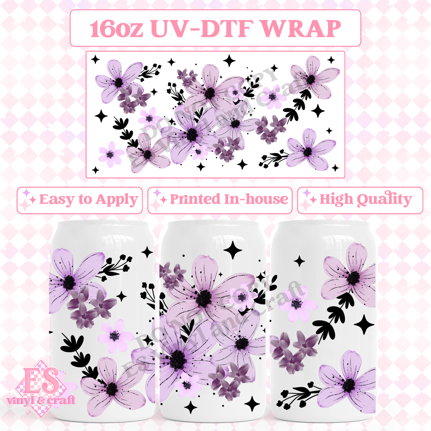 Purple Flowers - 16oz Beer Can / Libbey UV-DTF image 0