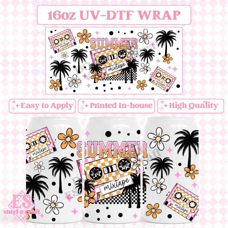 Summer Mix Tape - 16oz Beer Can / Libbey UV-DTF Transfer image 0
