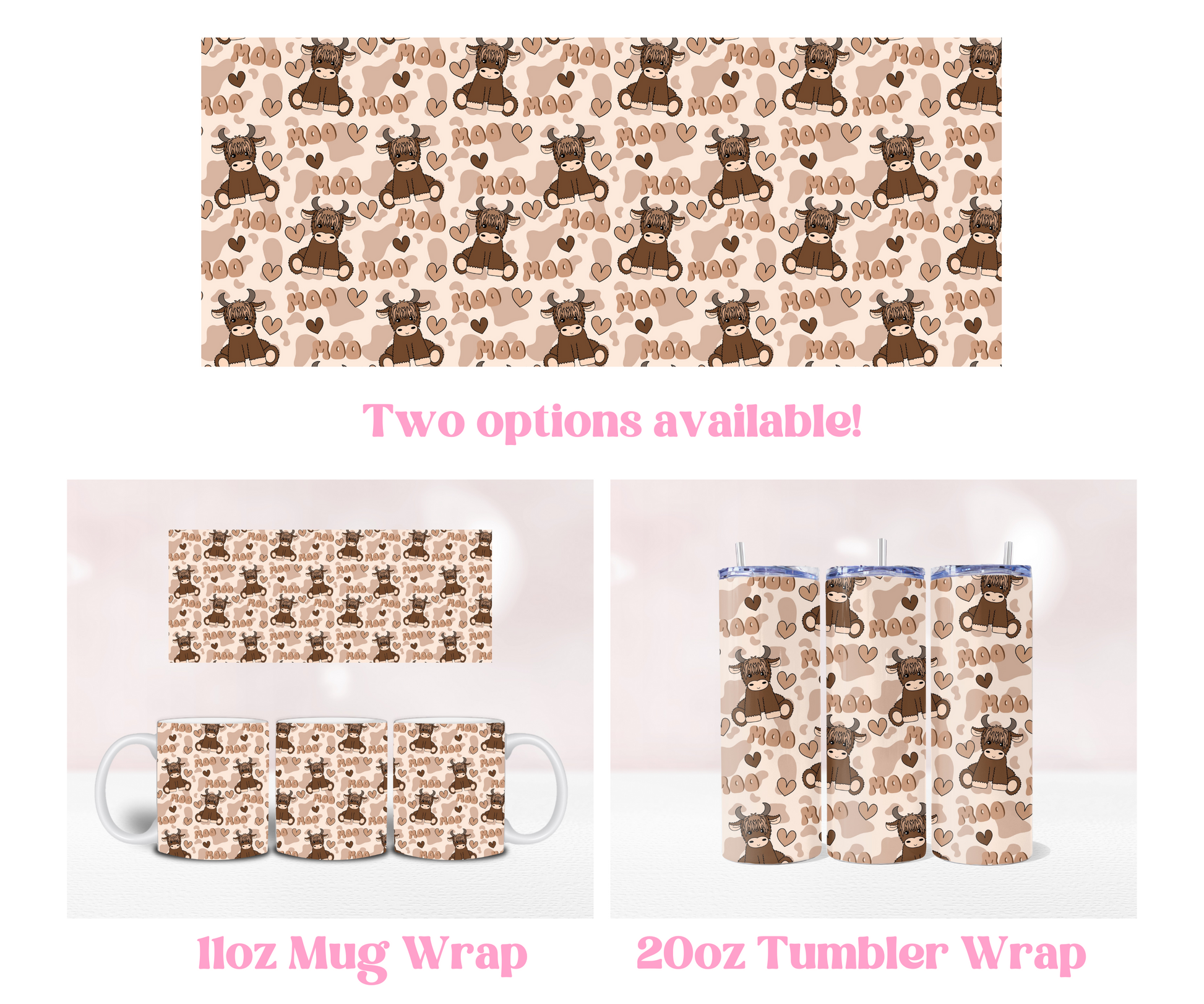 Highland Cow Seamless - Pre Printed 11oz or 20oz Wrap image 0