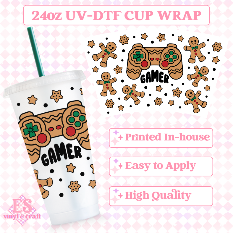 Gingerbread Gamer Black Outline - UVDTF 24oz Cold Cup Wrap image 0