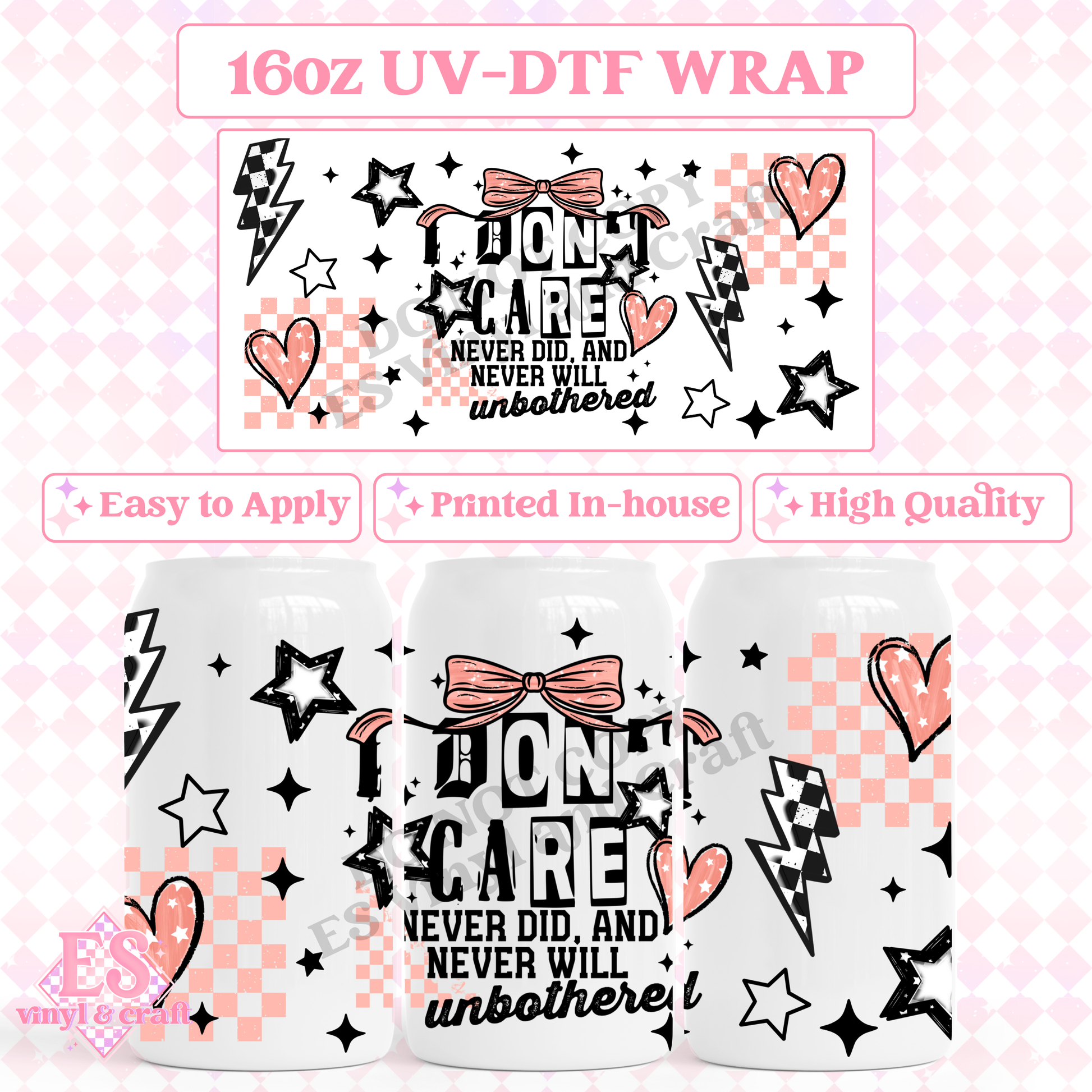 I Don't Care Bow (Pink or Green option) - 16oz Beer Can / Libbey UV-DTF Transfer image 0