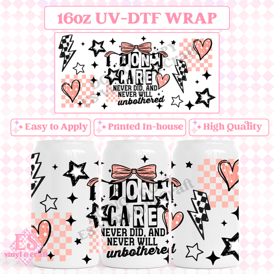 I Don't Care Bow (Pink or Green option) - 16oz Beer Can / Libbey UV-DTF Transfer image 0