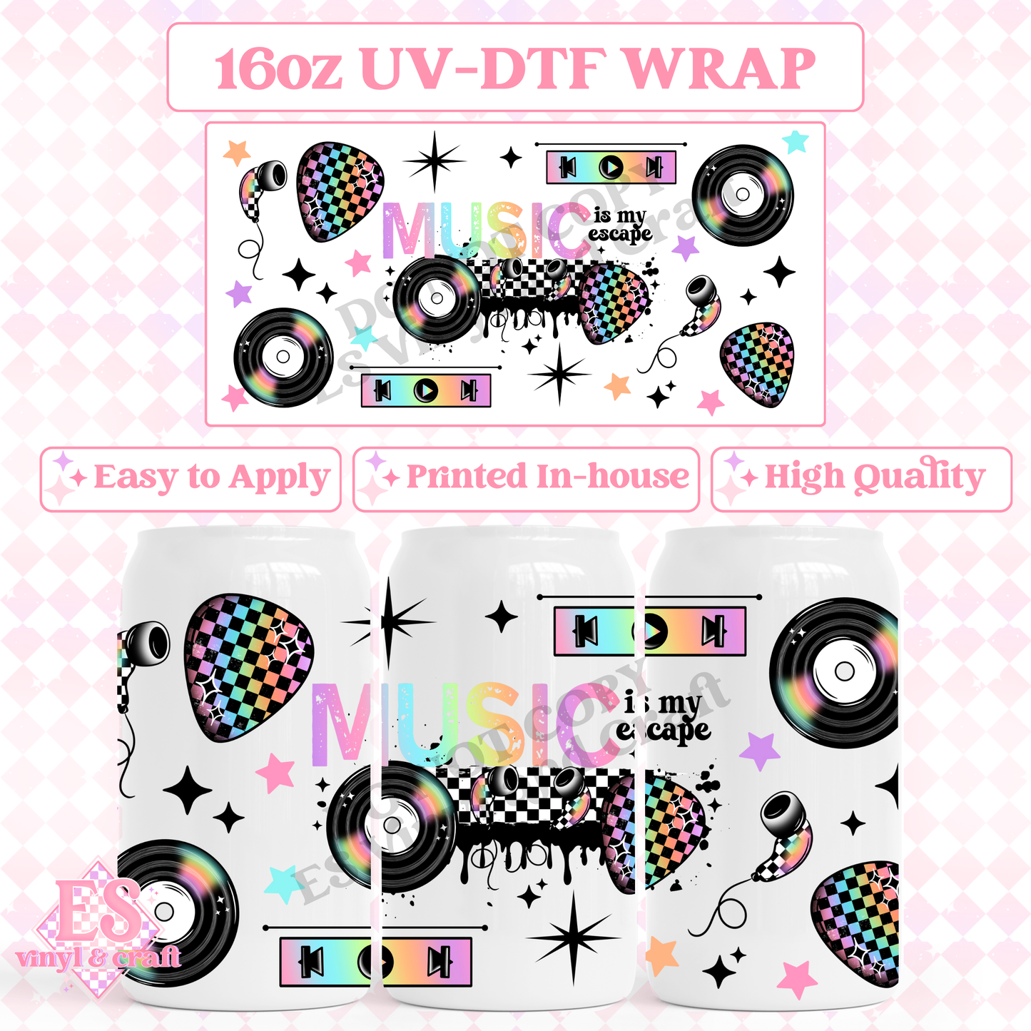 Music Escape - 16oz Beer Can / Libbey UV-DTF Transfer image 0