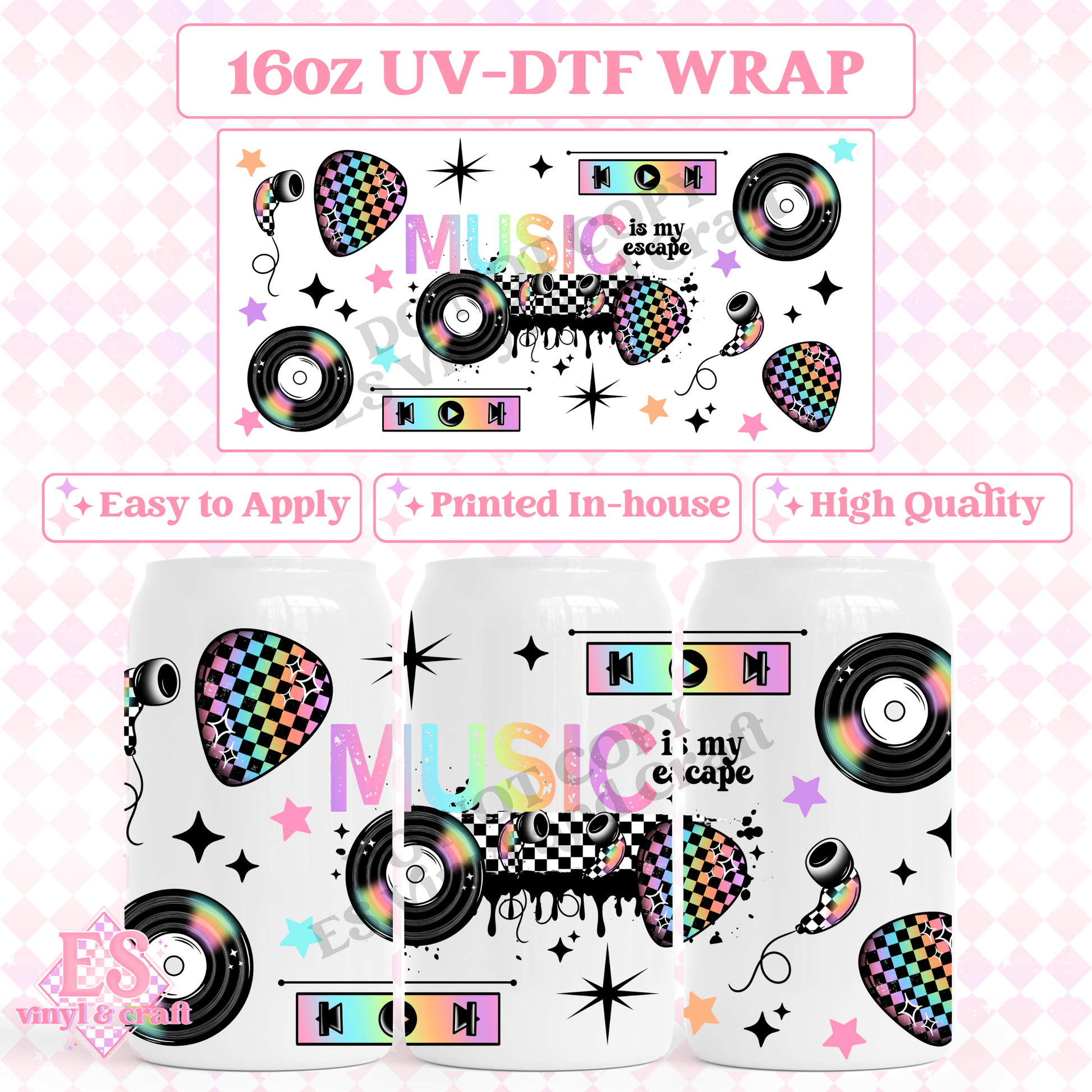 Music Escape - 16oz Beer Can / Libbey UV-DTF Transfer image 0