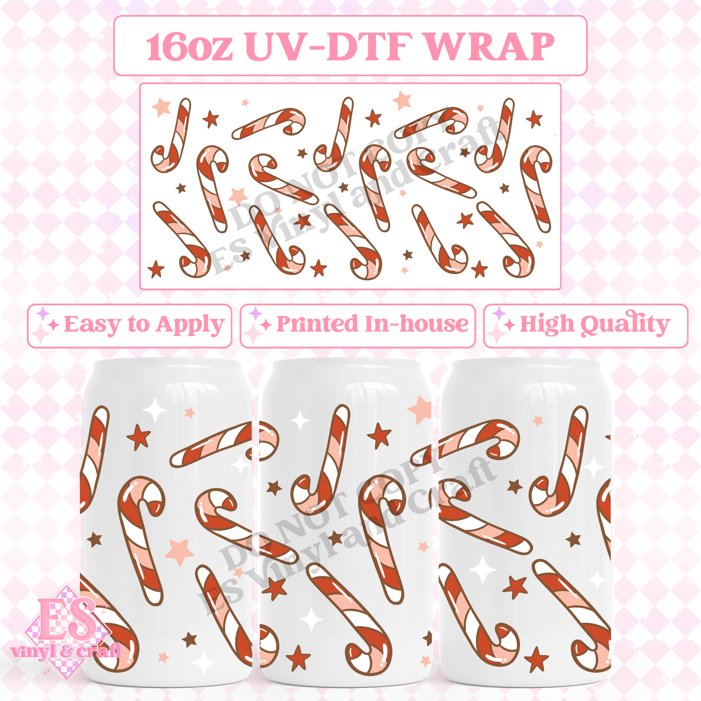 Candy Canes - 16oz Beer Can / Libbey UV-DTF image 0