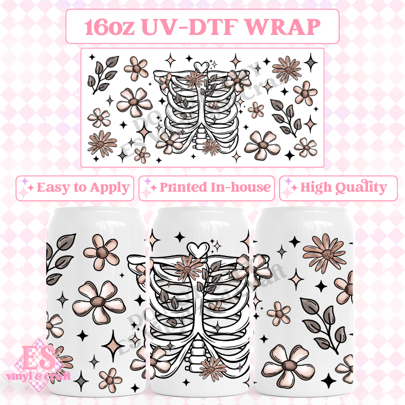 Floral Ribcage - 16oz Beer Can / Libbey UV-DTF image 0