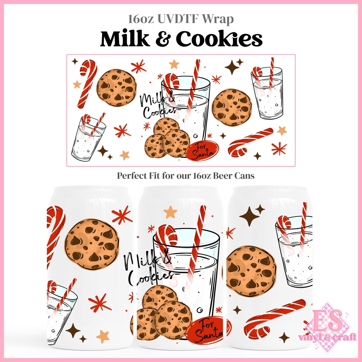Milk & Cookies - 16oz Beer Can / Libbey UVDTF Transfers