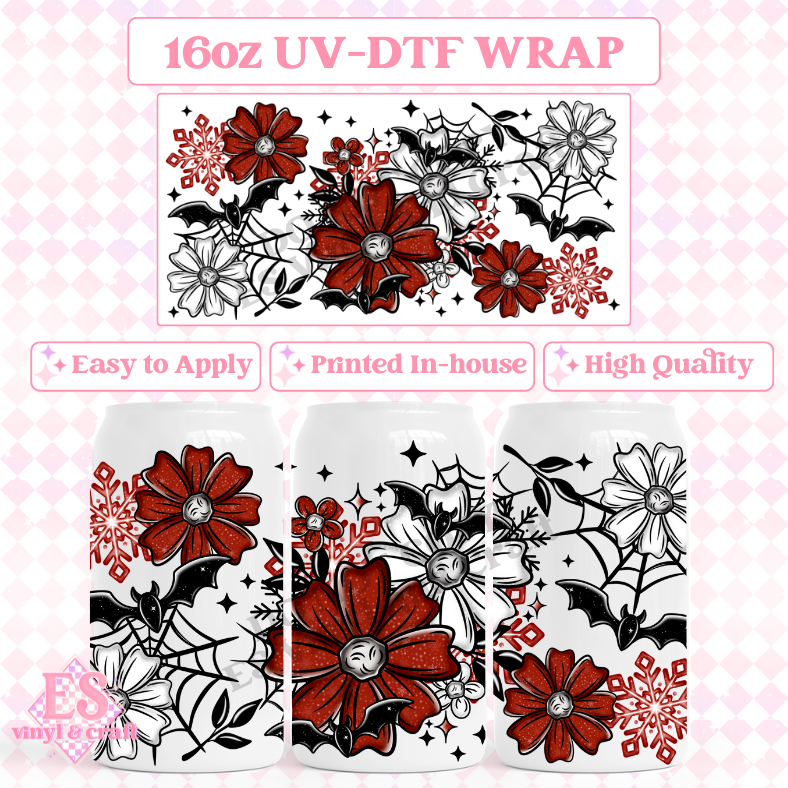 Bat Christmas Florals - 16oz Beer Can / Libbey UV-DTF Transfer image 0