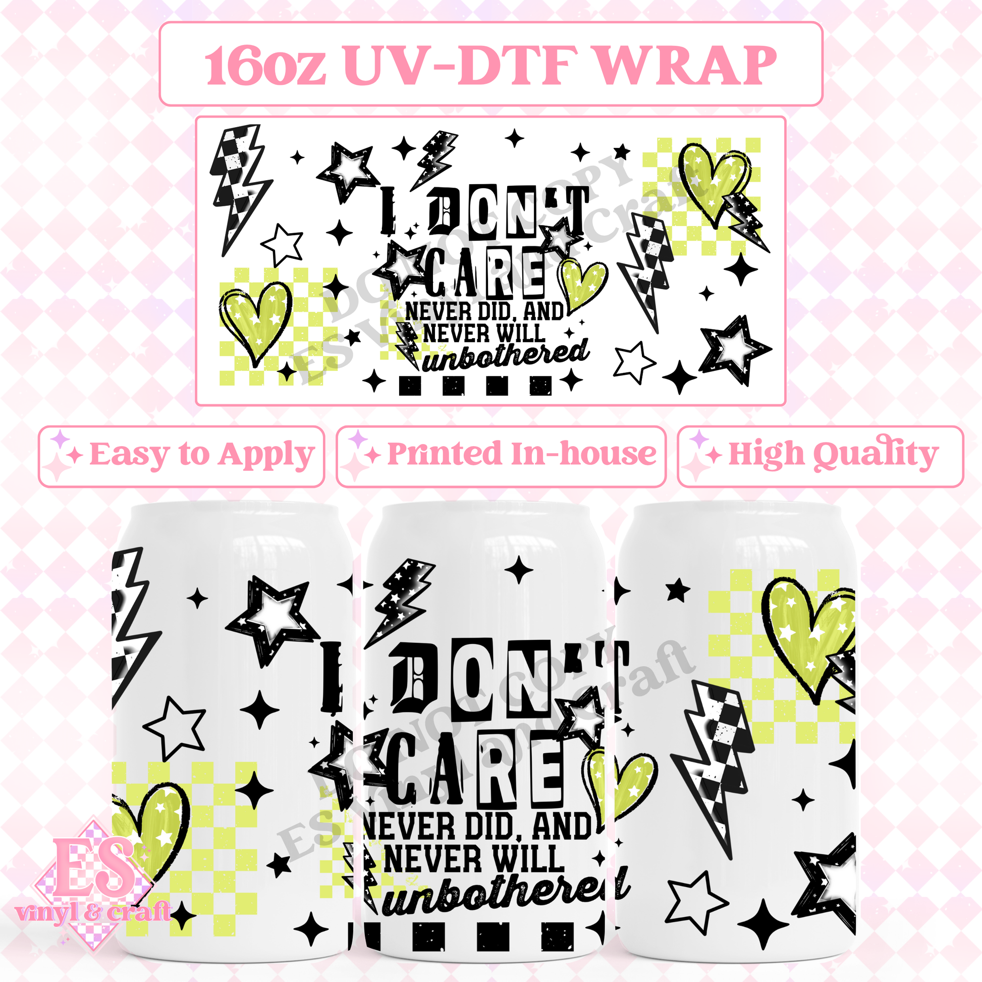 I Don't Care Bow (Pink or Green option) - 16oz Beer Can / Libbey UV-DTF Transfer image 1