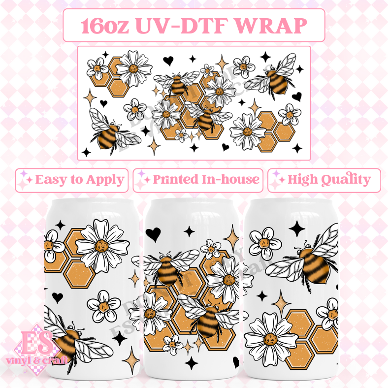 Honeycomb Bees - 16oz Beer Can / Libbey UV-DTF Transfer image 0