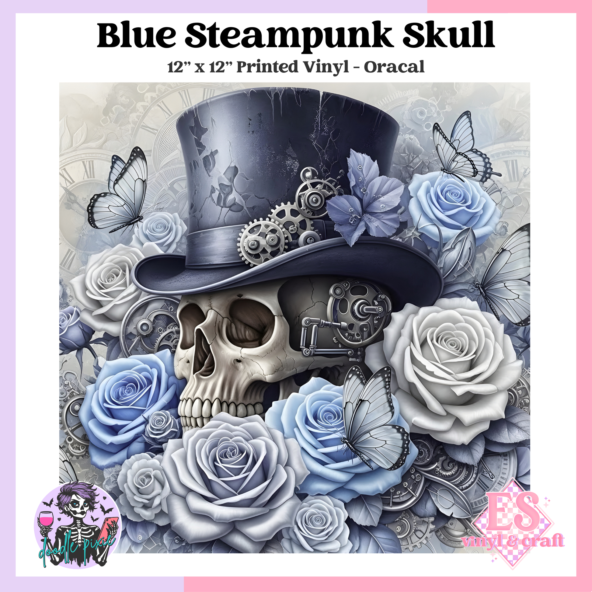 Blue Steampunk Skull - 12" x 12" Printed Vinyl image 0