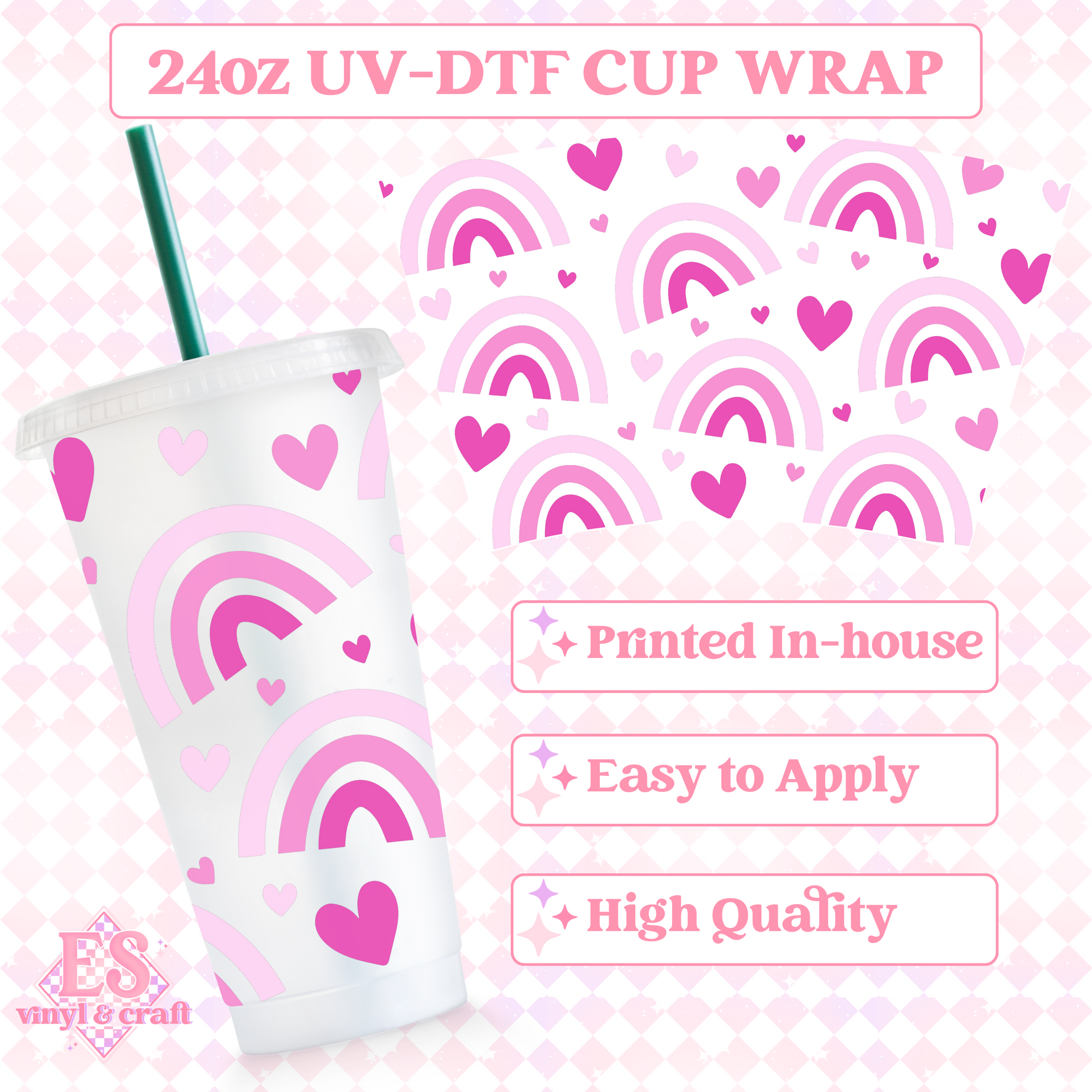 Pink Rainbow Hearts - UVDTF 24oz Cold Cup Wrap image 0
