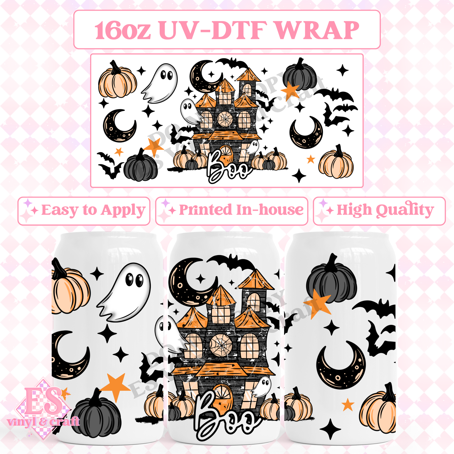 Boo Haunted House - 16oz Beer Can / Libbey UV-DTF Transfer image 0