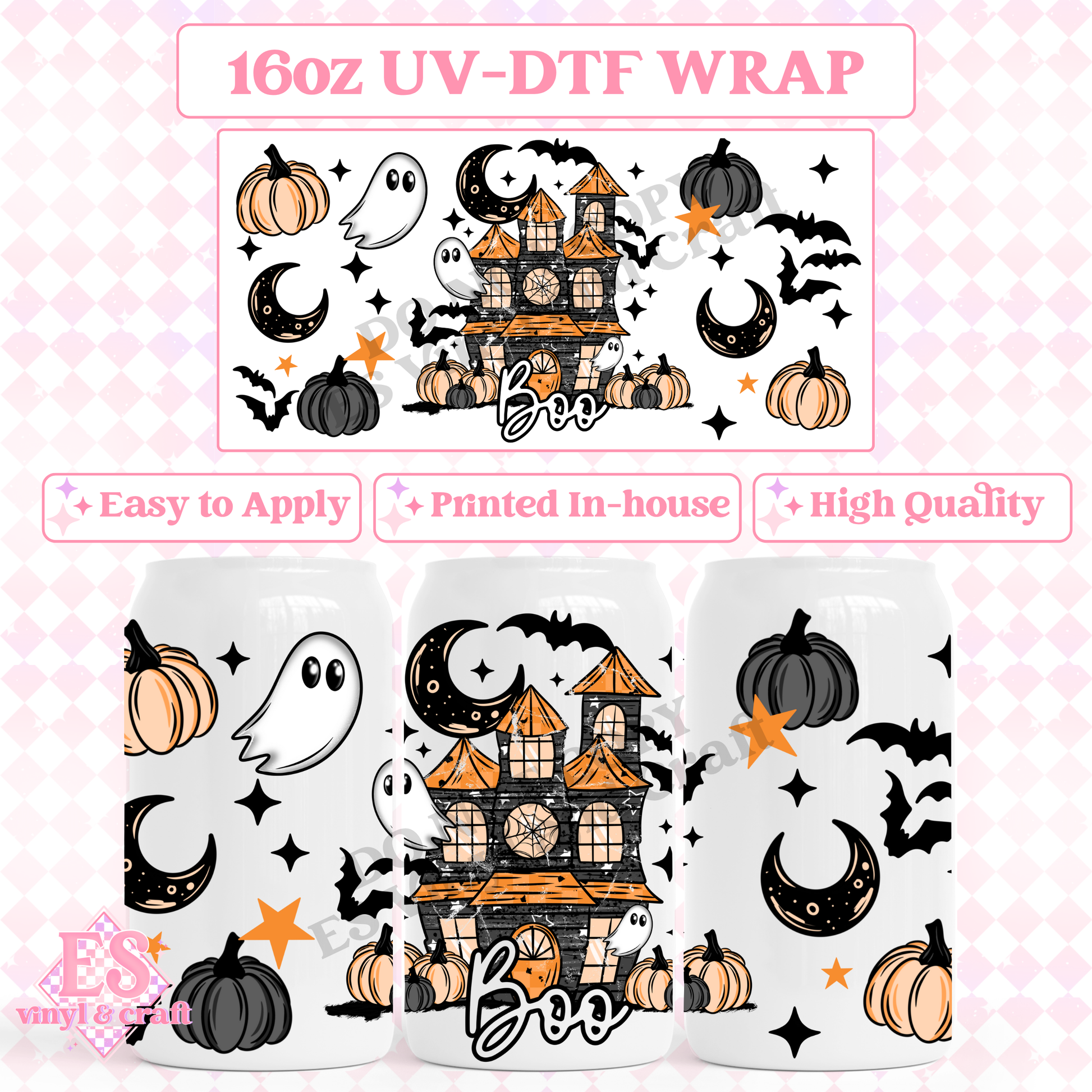 Boo Haunted House - 16oz Beer Can / Libbey UV-DTF Transfer image 0