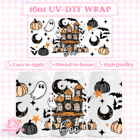 Boo Haunted House - 16oz Beer Can / Libbey UV-DTF Transfer image 0