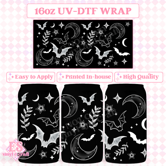 Bats, Stars and Moons for Black Cups - 16oz Beer Can / Libbey UV-DTF Transfer image 0