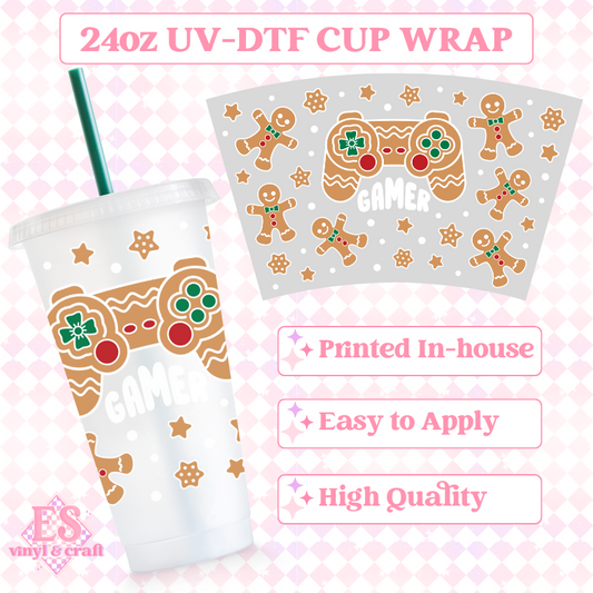 Gingerbread Gamer White Outline - UVDTF 24oz Cold Cup Wrap image 0