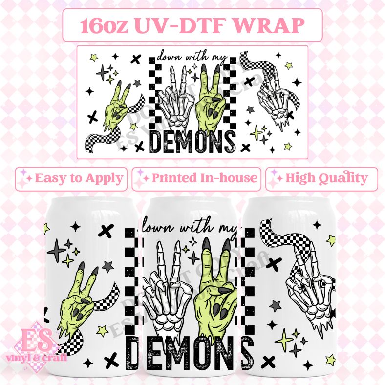 Down with my Demons (Black) - 16oz Beer Can / Libbey UV-DTF Transfer image 0