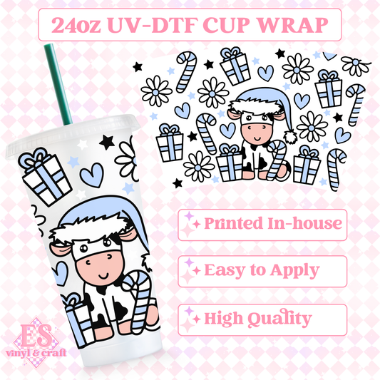 Blue Christmas Cow - UVDTF 24oz Cold Cup Wrap image 0