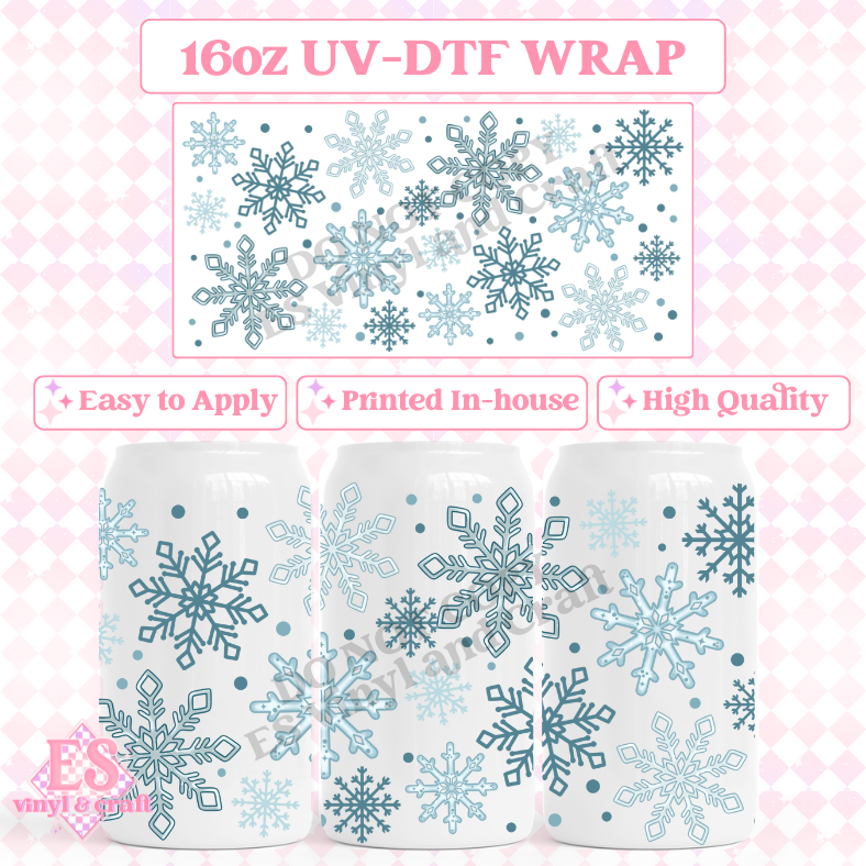 Blue Snowflakes - 16oz Beer Can / Libbey UV-DTF Transfer image 0