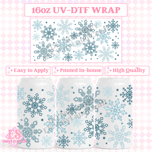 Blue Snowflakes - 16oz Beer Can / Libbey UV-DTF Transfer image 0