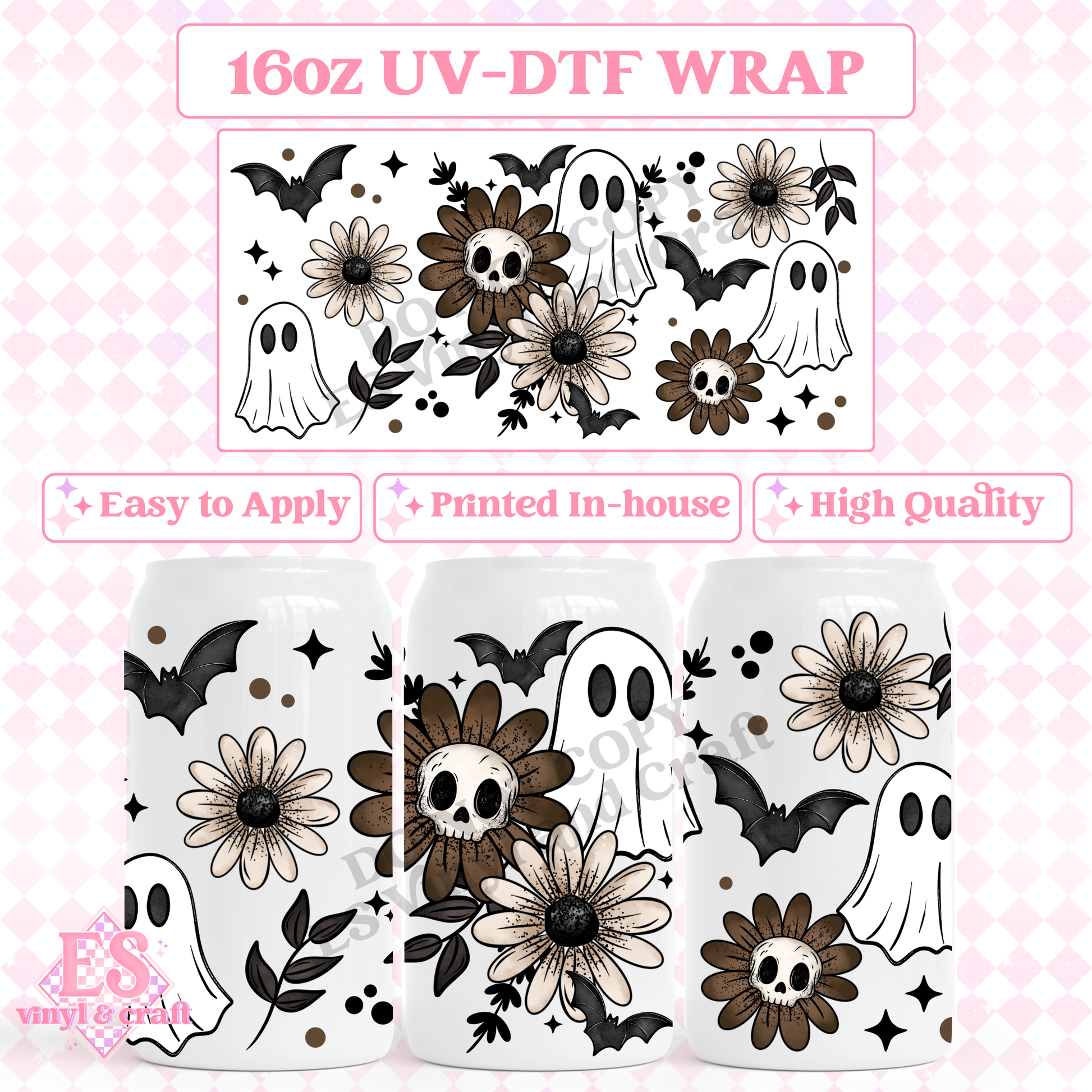 Ghost Skulls Floral - 16oz Beer Can / Libbey UV-DTF image 0