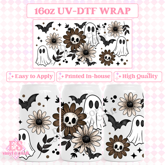 Ghost Skulls Floral - 16oz Beer Can / Libbey UV-DTF image 0