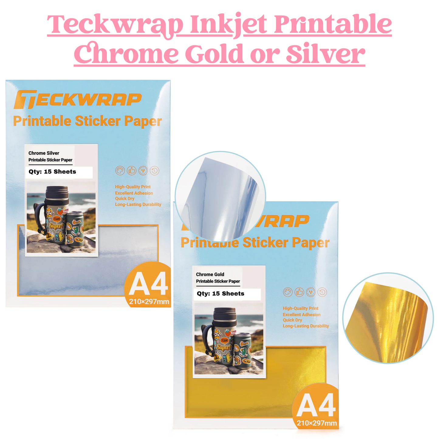 Inkjet Printable Sticker Paper Chrome Silver or Gold image 0