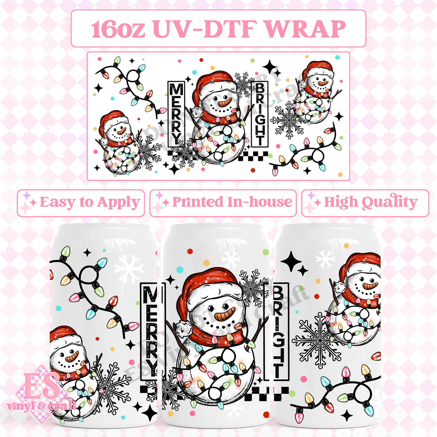 Merry and Bright Snowman - 16oz Beer Can / Libbey UV-DTF image 0