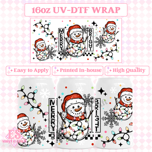 Merry and Bright Snowman - 16oz Beer Can / Libbey UV-DTF image 0