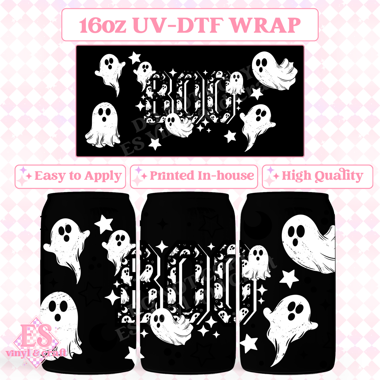 Black and White Boo - 16oz Beer Can / Libbey UV-DTF Tran image 0
