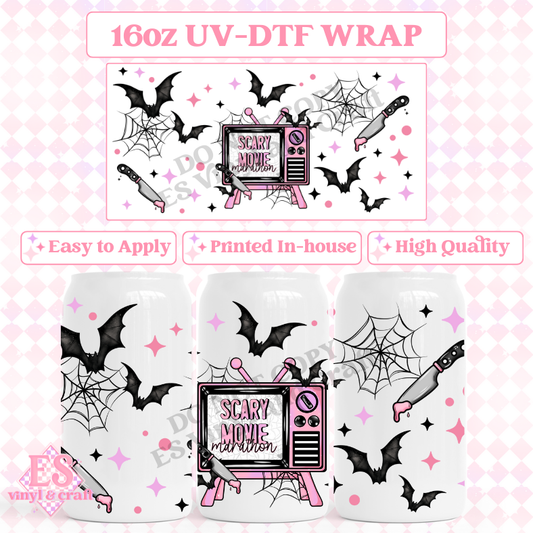 Scary Movie Marathon - 16oz Beer Can / Libbey UV-DTF Transfer image 0