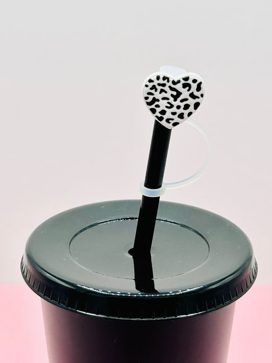Straw Topper - White and Black Leopard Heart image 0