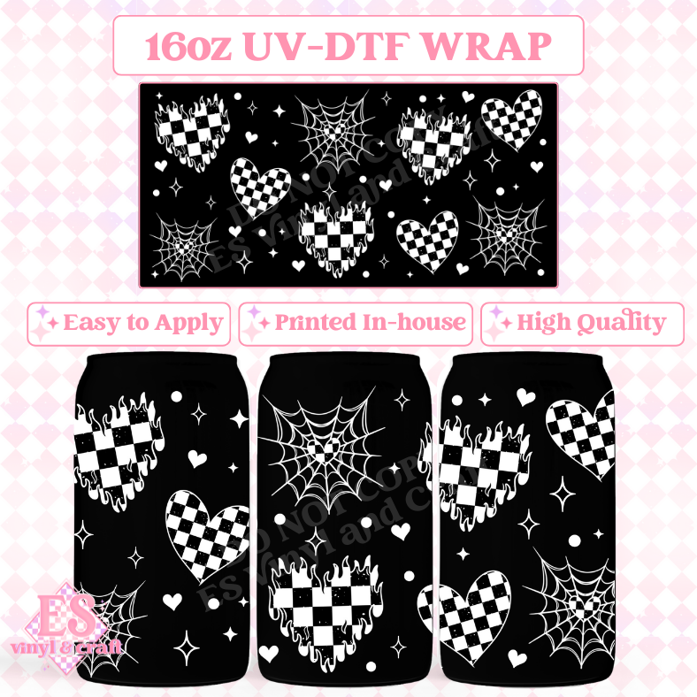 Hearts White and Black - 16oz Beer Can / Libbey UV-DTF Transfer image 0