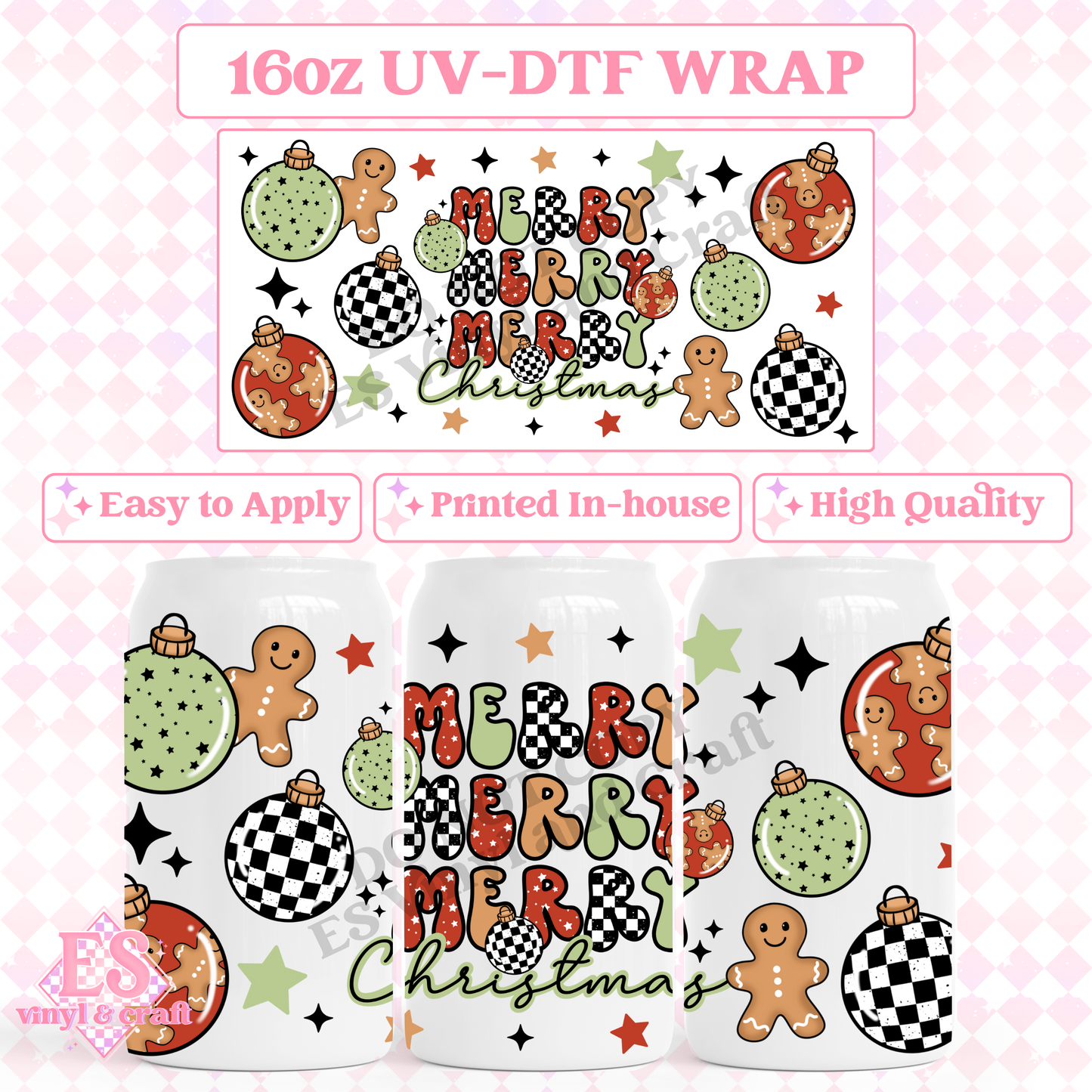 Merry, Merry, Christmas (Red and Green) - 16oz Beer Can / Libbey UV-DTF Transfer image 0