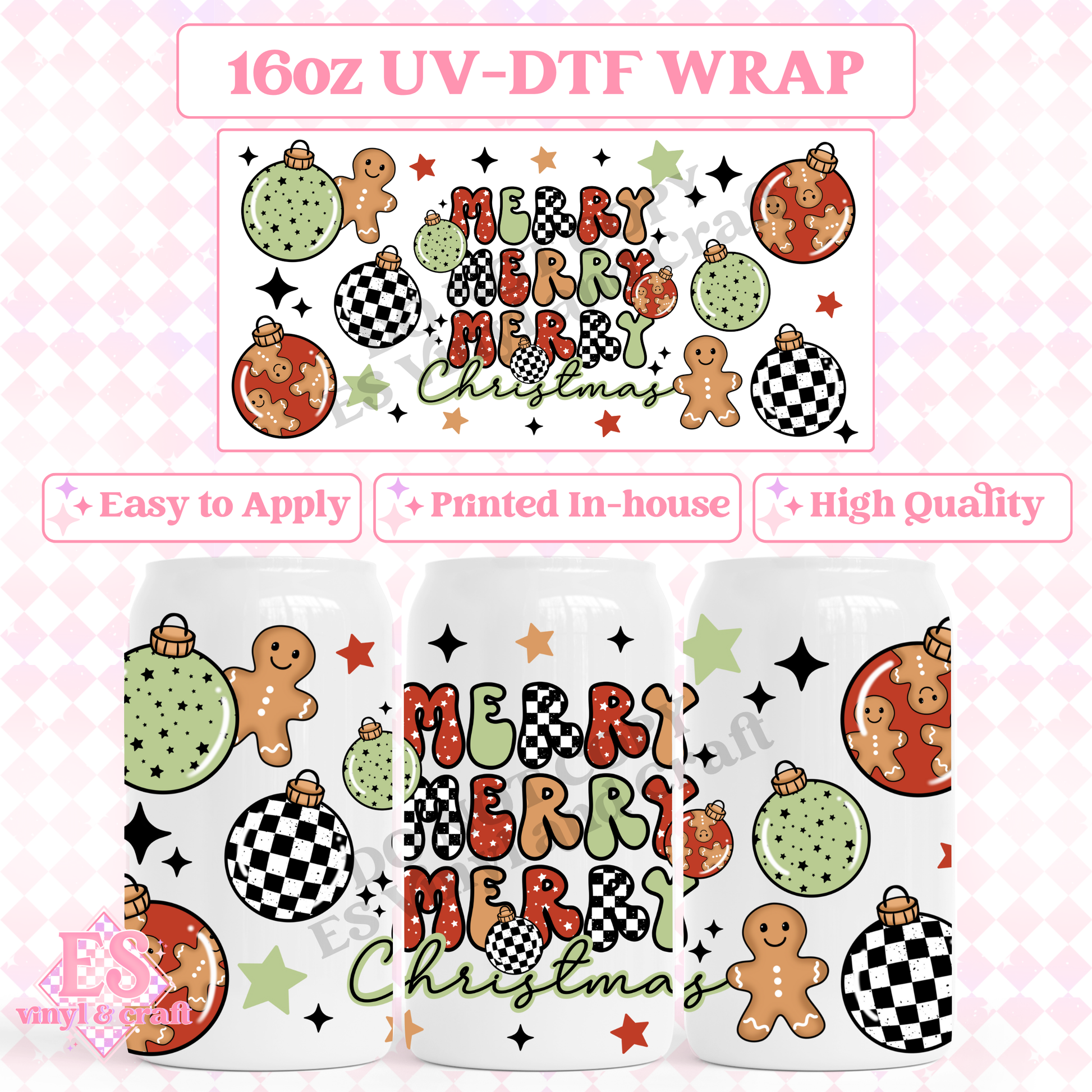 Merry, Merry, Christmas (Red and Green) - 16oz Beer Can / Libbey UV-DTF Transfer image 0