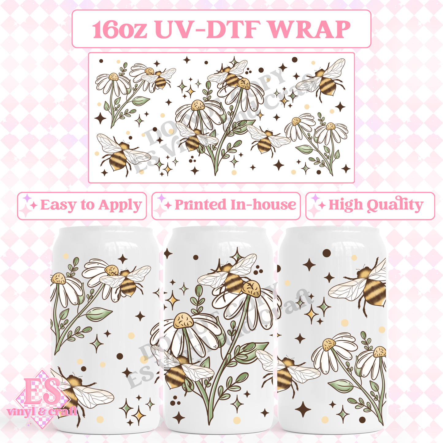 Daisy Bees - 16oz Beer Can / Libbey UV-DTF Transfer image 0