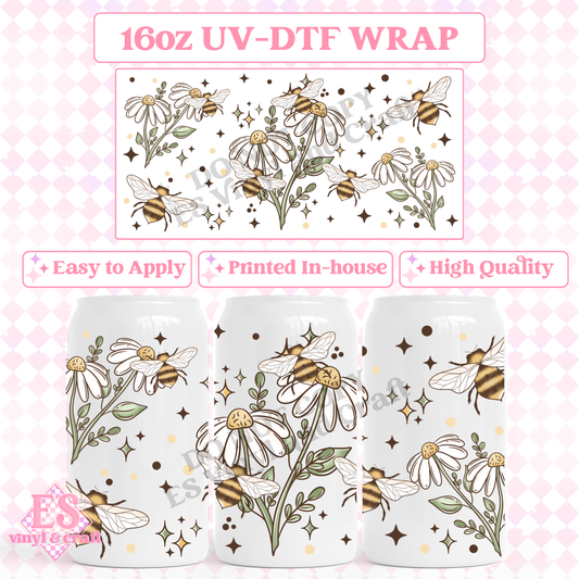 Daisy Bees - 16oz Beer Can / Libbey UV-DTF Transfer image 0