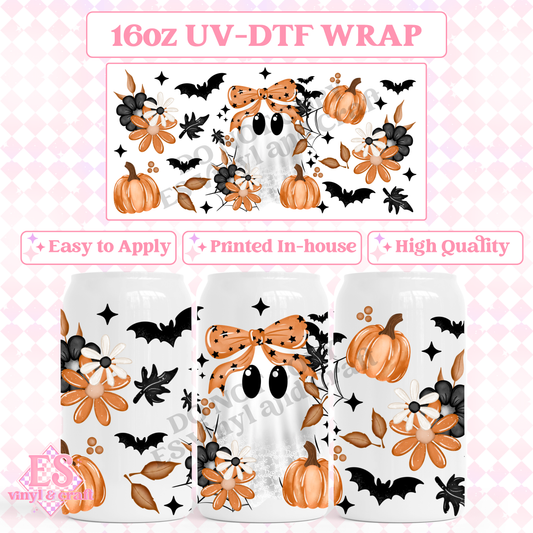 Halloween Lace Ghost - 16oz Beer Can / Libbey UV-DTF Transfer image 0