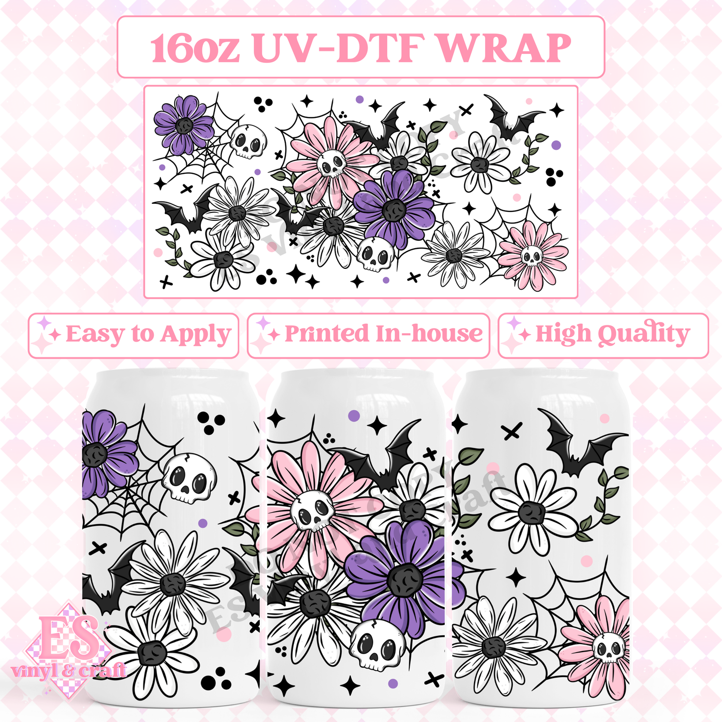 Skellie, Bat Florals - 16oz Beer Can / Libbey UV-DTF Transfer image 0