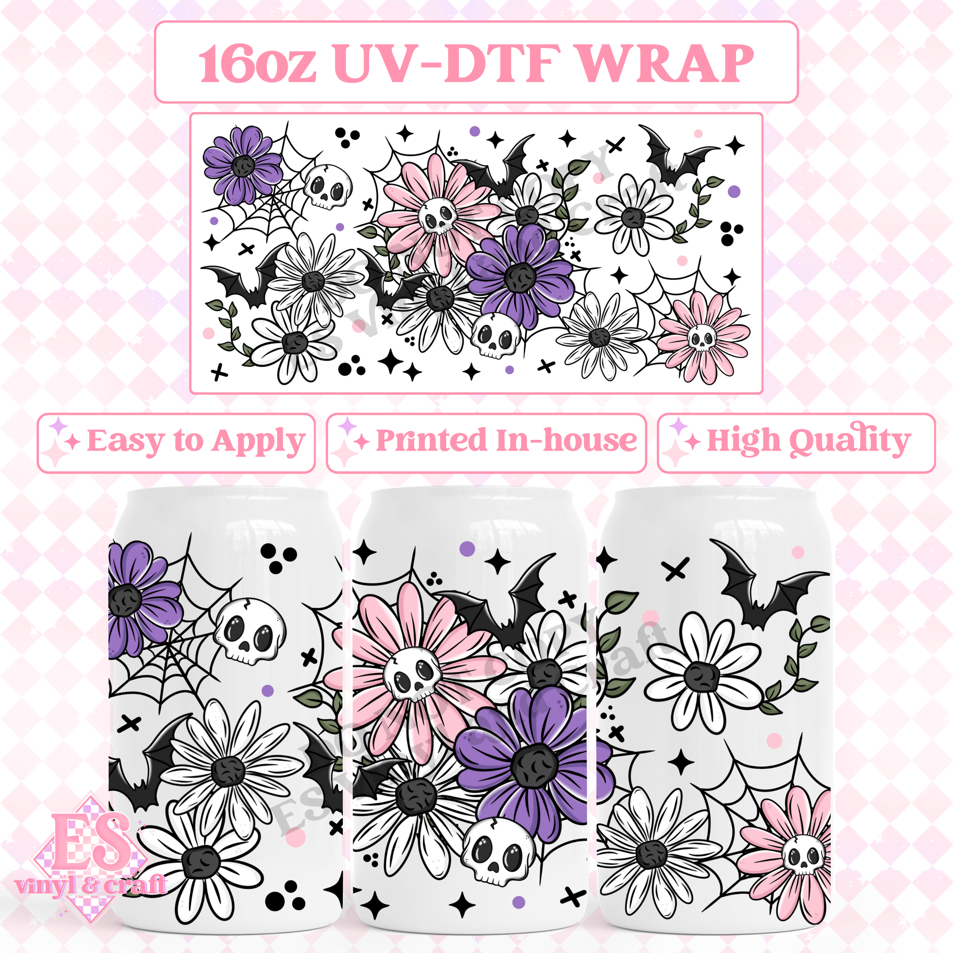 Skellie, Bat Florals - 16oz Beer Can / Libbey UV-DTF Transfer image 0